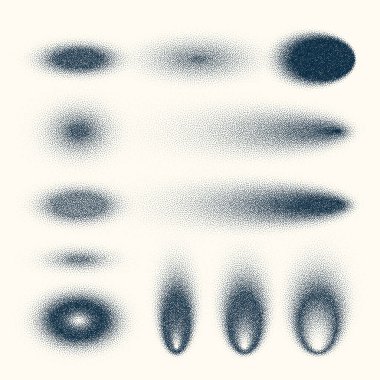 Stipple shadows set, vintage dotted design elements. Fading gradient. Stippling, dotwork drawing, shading using dots. Halftone disintegration effect. White noise grainy texture. Vector illustration.