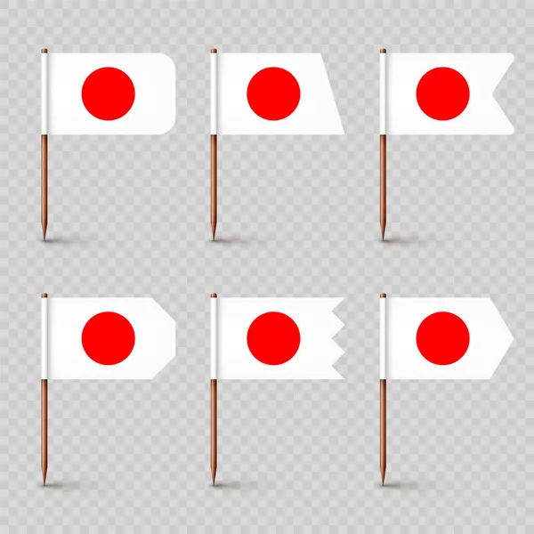 現実的な様々な日本の爪楊枝のフラグ 日本のお土産 紙の旗を持つ木製のつまようじ 位置情報 地図ポインタ 広告やプロモーションのためのブランクモックアップ ベクターイラスト — ストックベクタ