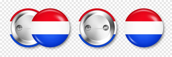 真实的纽扣徽章 印有荷兰国旗 荷兰的纪念品 带闪亮金属扣子的光滑别针徽章 用于广告和促销的产品模型 矢量说明 — 图库矢量图片