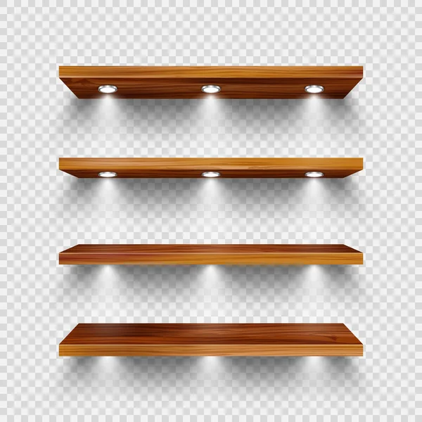 stock vector Realistic wooden store shelves with lighting, spotlights. Empty product shelf, grocery wall rack. Mall and supermarket furniture, bookshelf. Modern interior design element. Vector illustration. 