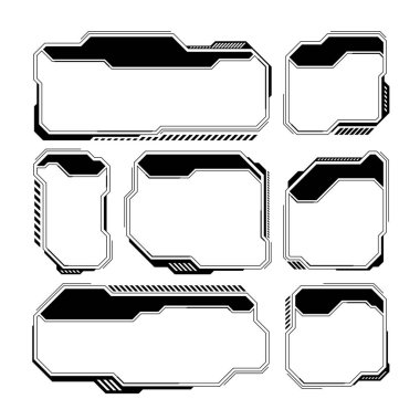 Siyah fütüristik HUD ya da UI elementleri. Bilim kurgu kullanıcı arayüzü mesaj kutuları, çağrılar. Uyarı ileti çerçeveleri, bilgi kutuları şablonu. Modern oyun arayüzü düzeni dijital stilde. Vektör illüstrasyonu.