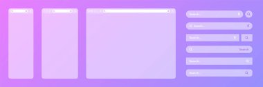Çeşitli arama çubuğu şablonlarına sahip boş saydam internet tarayıcı penceresi. Arama kutusu, adres çubuğu ve metin alanı olan web sitesi motoru. UI tasarımı, web sitesi arayüzü elemanları. Vektör illüstrasyonu.