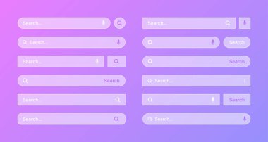 Çeşitli şeffaf arama çubuğu şablonları. Arama kutusu, adres çubuğu ve metin alanı olan internet tarayıcı motoru. Kullanıcı tasarımı, web arayüzü ögesi web simgeleri ve düğmeye basın. Vektör illüstrasyonu.