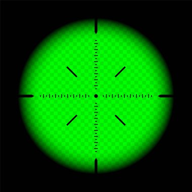 Gece görüşü, keskin nişancı tüfeği optik dürbünü. Çapraz görüşlü av tüfeği arayıcısı. Nişan al, nişan işareti sembolü. Askeri hedef işareti, siluet. Oyun arayüzü UI ögesi. Vektör illüstrasyonu.