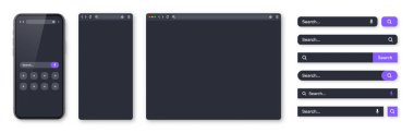 Akıllı telefon, boş internet tarayıcı penceresi ve arama çubuğu şablonları, karanlık mod. Arama kutusu, adres çubuğu ve metin alanı olan web sitesi motoru. UI tasarımı, web sitesi arayüzü elemanları. Vektör illüstrasyonu.