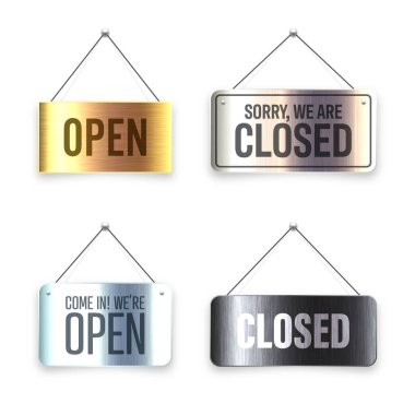 Fırçalanmış metal Açık ve Kapalı asılı tabelalar. Kafe, restoran, bar ya da perakende mağazası için klasik kapı tabelası. Duyuru pankartı, iş ya da hizmet için bilgi tabelası. Vektör illüstrasyonu.