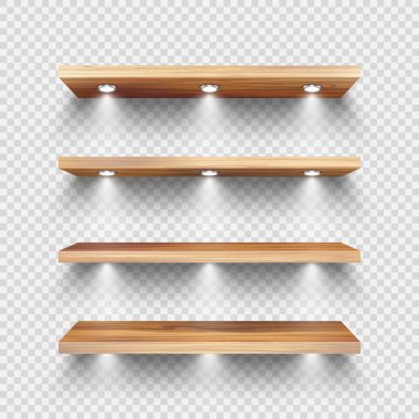 Işıklı, spot ışıklı gerçekçi ahşap mağaza rafları. Boş ürün rafı, market rafı. Alışveriş merkezi, süpermarket mobilyası, kitaplık. Modern iç tasarım elementi. Vektör illüstrasyonu. 