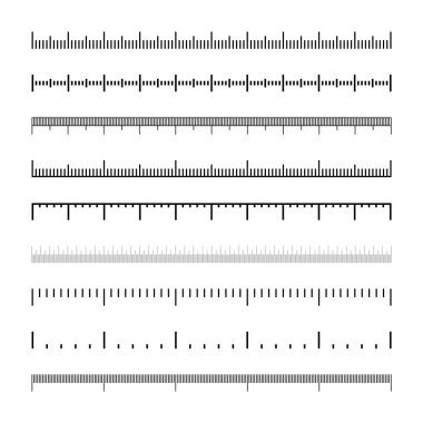 Bölünmüş farklı ölçeklerde. Uzunluğu, yüksekliği santimetre, milimetre ya da inç olarak ölçmek için gerçekçi ölçek. Cetvel, mezura işaretleri, boyut göstergeleri. Vektör illüstrasyonu.