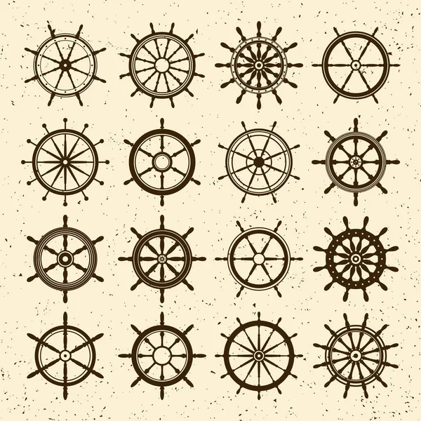 Коллекция Старинных Рулевых Колес Гранжа Корабль Символ Ретро Колеса Яхты — стоковый вектор