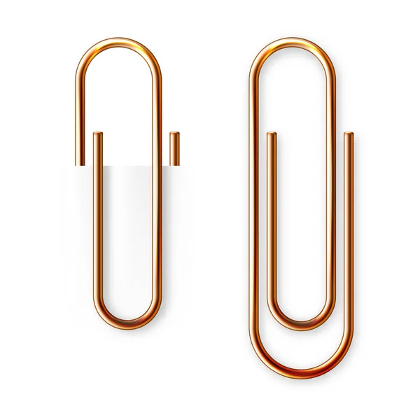 stock vector Realistic copper paperclip attached to paper isolated on white background. Shiny metal paper clip, page holder, binder. Workplace office supplies. Vector illustration.