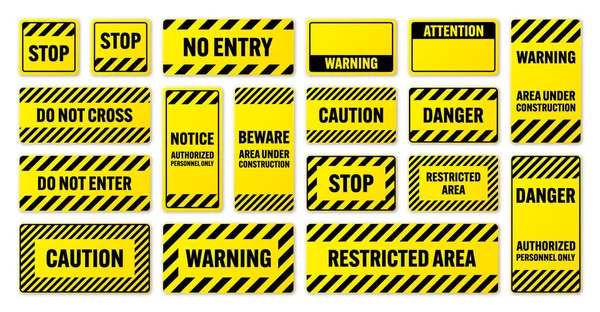 Различные Черные Желтые Предупреждающие Знаки Диагональными Линиями Внимание Опасность Предупреждающий — стоковый вектор