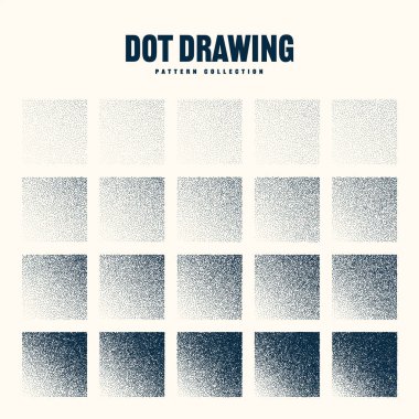 Square shaped dotted objects, vintage stipple elements. Stippling, dotwork drawing shading using dots. Halftone disintegration effect. White noise grainy texture. Fading gradient. Vector illustration.