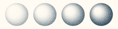 Round shaped dotted objects, vintage stipple elements. Fading gradient. Stippling, dotwork drawing, shading using dots. Halftone disintegration effect. White noise grainy texture. Vector illustration.