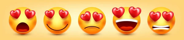 Cartoon Emoji Hearts Emoticons Collection Yellow Face Emotions Mood Facial — Wektor stockowy