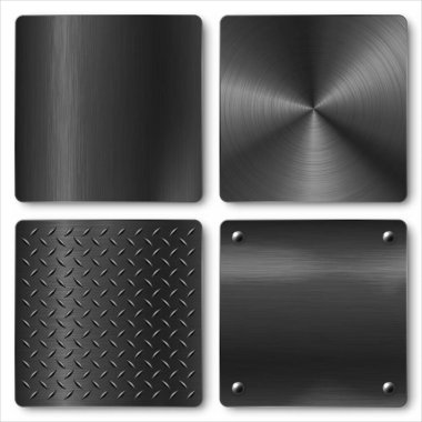 Various realistic black metal banners collection. Brushed steel or aluminium plate, panel with screws. Polished metal surface. Old grunge texture with scratches. Vector illustration.