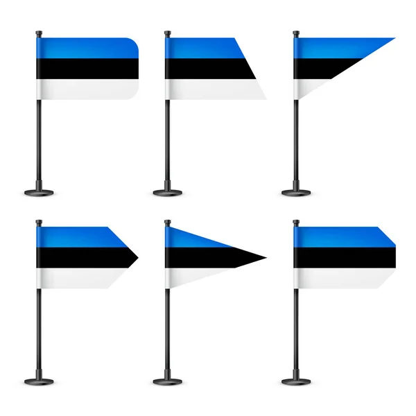 Realistic Various Estonian Table Flags Black Steel Pole Souvenir Estonia — 스톡 벡터