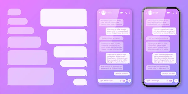 Realistisches Smartphone Mit Messaging App Auf Buntem Violettem Hintergrund Sms — Stockvektor