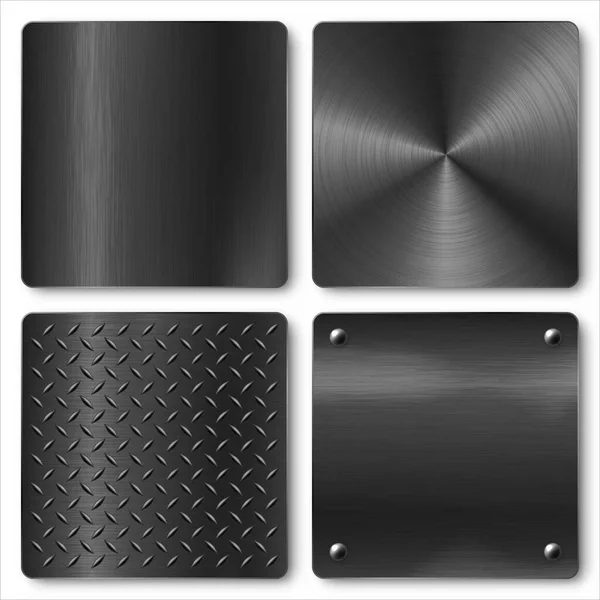 Various Realistic Black Metal Banners Collection Brushed Steel Aluminium Plate — Archivo Imágenes Vectoriales