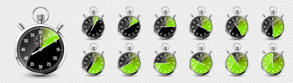 Realistiskt Klassiskt Stoppur Glänsande Metallkronometer Tidsräknare Med Urtavla Grön Nedräkningstimer — Stock vektor