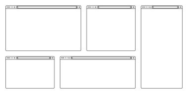 Boş web tarayıcısı, araç çubuğu ve arama alanı olan internet sayfası penceresi. Modern web sitesi düz stil, çizgi sanatı. Bilgisayar, tablet ve akıllı telefon için tarayıcı modeli. Vektör illüstrasyonu.