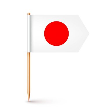 Gerçekçi Japon kürdan bayrağı. Japonya 'dan bir hatıra. Kağıt bayraklı tahta kürdan. Yer belirleyici, harita işaretleyici. Reklam ve promosyonlar için boş bir model. Vektör illüstrasyonu.