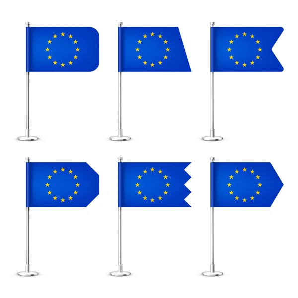 Realistické Různé Evropské Stolní Vlajky Chromované Ocelové Tyči Suvenýr Evropy — Stockový vektor