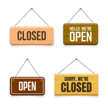 Tahta açık ya da kapalı tabeladır. Kafe, restoran, bar veya perakende mağazası için ahşap kapı tabelasından yapılmış. Duyuru pankartı, iş ya da hizmet için bilgi tabelası. Vektör illüstrasyonu.