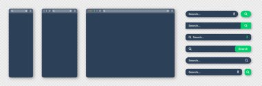 Blank internet browser window with various search bar templates, dark mode. Web site engine with search box, address bar and text field. UI design, website interface elements. Vector illustration.