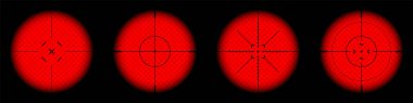 Various weapon thermal infrared sights, sniper rifle optical scopes. Hunting gun viewfinder with crosshair. Aim, shooting mark symbol. Military target sign. Game UI element. Vector illustration.