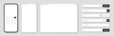Akıllı telefon, boş internet tarayıcı penceresi ve çeşitli arama çubuğu şablonları. Arama kutusu, adres çubuğu ve metin alanı olan web sitesi motoru. UI tasarımı, web sitesi arayüzü elemanları. Vektör illüstrasyonu.