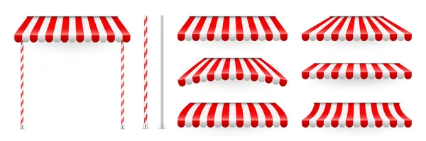 Red Shop Sunshade Stand Holders Realistic Striped Cafe Awning Outdoor — Stock Vector