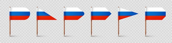 現実的な様々なロシアの爪楊枝フラグ ロシアのお土産 紙の旗を持つ木製のつまようじ 位置情報 地図ポインタ 広告やプロモーションのためのブランクモックアップ ベクターイラスト — ストックベクタ