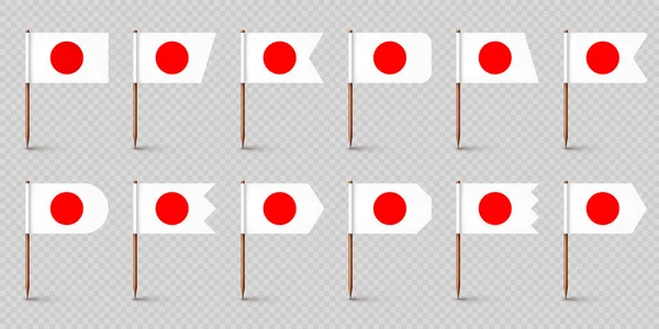 现实的各种日本牙签旗 日本的纪念品 带有纸旗的木制牙签 位置标记 地图指针 广告和促销的空白模型 矢量说明 — 图库矢量图片