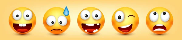 Cartoon Emoji Emoticons Collection Yellow Face Emotions Mood Facial Expression — Vector de stock