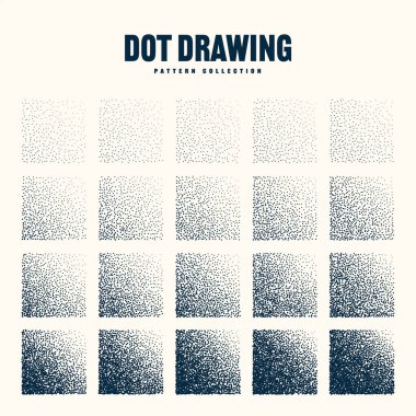 Square shaped dotted objects, vintage stipple elements. Stippling, dotwork drawing shading using dots. Halftone disintegration effect. White noise grainy texture. Fading gradient. Vector illustration.