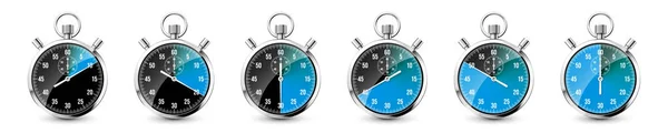 Realistiskt Klassiskt Stoppur Glänsande Metallkronometer Tidsräknare Med Urtavla Blå Nedräkning — Stock vektor