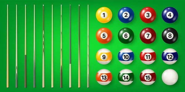 Colorful Billiard Balls Numbers Various Pool Cues Green Background Glossy — Stockvektor