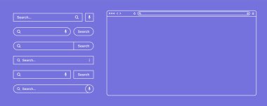 Boş web tarayıcısı, araç çubuğu ve arama çubuğu olan internet sayfası penceresi, alan. Modern web sitesi düz stil, çizgi sanatı. Bilgisayar, tablet ve akıllı telefon için tarayıcı modeli. Vektör illüstrasyonu.