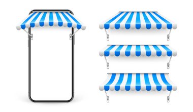 Smartphone with shop sunshade and metal mount, online internet shopping. Realistic blue striped cafe awning. Outdoor market tent. Roof canopy. Summer street store. Vector illustration.