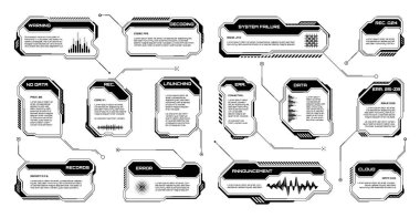 Siyah fütüristik İYİ, UI elementleri. Bilim kurgu kullanıcı arayüzü mesaj kutuları, çağrılar. Uyarı ileti çerçeveleri, bilgi kutuları şablonu. Modern oyun arayüzü düzeni dijital stilde. Vektör illüstrasyonu.
