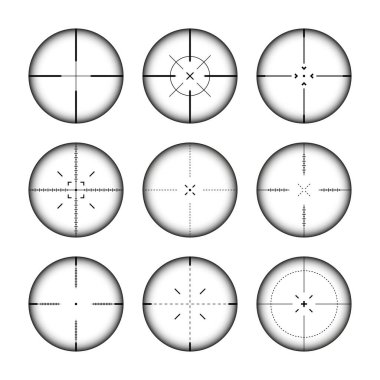 Çeşitli silah görüşleri, keskin nişancı tüfeği optik dürbünleri. Çapraz görüşlü av tüfeği arayıcısı. Nişan al, nişan işareti sembolü. Askeri hedef işareti, siluet. Oyun arayüzü UI ögesi. Vektör illüstrasyonu.