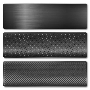 Various realistic black metal banners collection. Brushed steel or aluminium plate, panel with screws. Polished metal surface. Old grunge texture with scratches. Vector illustration.
