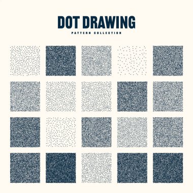Square shaped dotted objects, vintage stipple elements. Stippling, dotwork drawing, shading using dots. Halftone effect. White noise grainy texture, pattern. Vector illustration.
