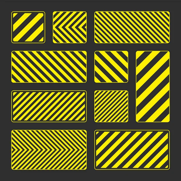 斜線を持つ様々な黄色の警告標識 危険または注意サイン 建設現場の看板 現実的な通知の看板 警告バナー 道路シールド ベクターイラスト — ストックベクタ