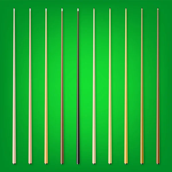 Różne Drewniane Wskazówki Bilard Zielonym Tle Sprzęt Sportowy Snookera Klasyczny — Wektor stockowy