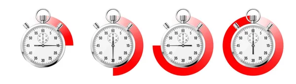现实的经典秒表 新金属计时器 计时器与刻度盘 红色倒计时显示分分秒秒 运动时间的测量 开始和结束 矢量说明 — 图库矢量图片