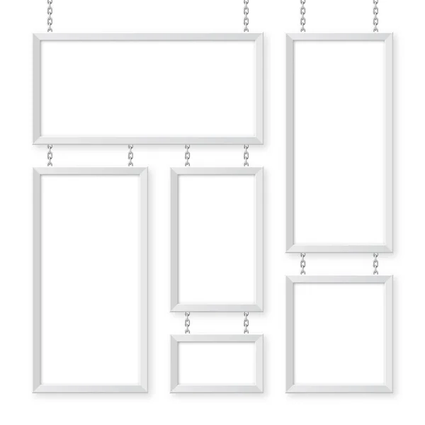 Weiße Schilder Hängen Einer Metallkette Speisekarte Restaurant Moderne Plakatattrappe Leere — Stockvektor