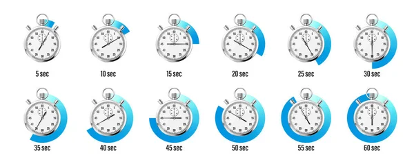 现实的经典秒表 新金属计时器 计时器与刻度盘 蓝色倒计时显示分分秒秒 运动时间的测量 开始和结束 矢量说明 — 图库矢量图片