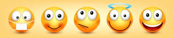 Cartoon Emoji Emoticons Collection Yellow Face Emotions Mood Facial Expression —  Vetores de Stock
