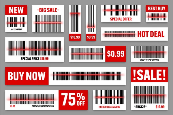 Set Product Barcodes Red Scanning Line Sale Stickers Discount Label — Wektor stockowy